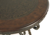 Benzara Round End Table With Nailhead Accented Top and Scrolled Base, Brown BM206145 Brown Engineered Wood and Metal BM206145