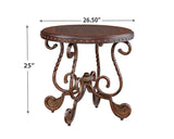 Benzara Round End Table With Nailhead Accented Top and Scrolled Base, Brown BM206145 Brown Engineered Wood and Metal BM206145