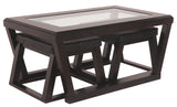 Benzara Cocktail Table With Beveled Glass Tabletop and 2 Stools, Brown BM206156 Brown Engineered Wood and Faux Leather BM206156