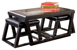 Benzara Cocktail Table With Beveled Glass Tabletop and 2 Stools, Brown BM206156 Brown Engineered Wood and Faux Leather BM206156