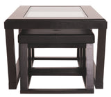 Benzara Cocktail Table With Beveled Glass Tabletop and 2 Stools, Brown BM206156 Brown Engineered Wood and Faux Leather BM206156