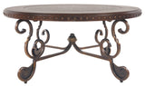 Benzara Round Cocktail Table With Scrolled Base and Nailhead Trim, Brown BM206158 Brown Engineered Wood and Metal BM206158