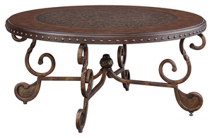 Benzara Round Cocktail Table With Scrolled Base and Nailhead Trim, Brown BM206158 Brown Engineered Wood and Metal BM206158