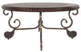 Benzara Round Cocktail Table With Scrolled Base and Nailhead Trim, Brown BM206158 Brown Engineered Wood and Metal BM206158