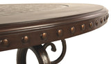 Benzara Round Cocktail Table With Scrolled Base and Nailhead Trim, Brown BM206158 Brown Engineered Wood and Metal BM206158