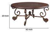 Benzara Round Cocktail Table With Scrolled Base and Nailhead Trim, Brown BM206158 Brown Engineered Wood and Metal BM206158