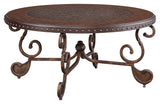 Round Cocktail Table With Scrolled Base and Nailhead Trim, Brown