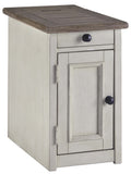 Chair Side End Table with 1 Cabinet and Pull Out Tray, White and Brown