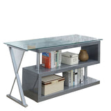 Benzara Movable Glass Top Computer Desk with X Shaped Side Panel, Gray and Clear BM206213 Gray and Clear Metal and Glass BM206213