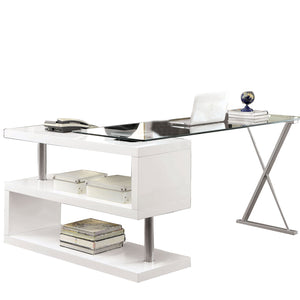 Benzara Movable Glass Top Desk with X Shaped Side Panel, White and Clear BM206214 White and Clear Metal and Glass BM206214