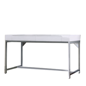 Benzara Wooden Computer Desk with 2 Drawers and Metal Frame, White and Silver BM206236 White and Silver Wood, Veneer and Metal BM206236