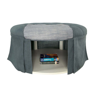 Benzara Skirted Round Fabric Upholstered Wooden Ottoman with Tufted Seat, Blue BM206250 Blue Wood and Fabric BM206250