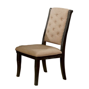 Benzara Transitional Wooden Side Chair with Button Tufting, Set of 2, Brown BM206251 Brown Solid Wood, Veneer and Fabric BM206251