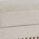 Benzara Nailhead Trim Fabric Upholstered Ottoman with Turned Legs, Light Gray BM206321 Light Gray Faux Wood BM206321