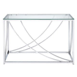 Benzara Glass Top Rectangular Sofa Table with Swooping  Curves, Clear and Silver BM206487 Silver and Clear Metal and Glass BM206487