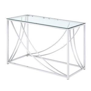 Benzara Glass Top Rectangular Sofa Table with Swooping  Curves, Clear and Silver BM206487 Silver and Clear Metal and Glass BM206487