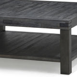 Benzara Square Coffee Table with Block Legs and 1 Open Shelf, Dark Gray BM206649 Gray Solid Wood BM206649