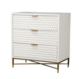 Benzara Honeycomb Design 3 Drawer Chest with Metal Legs, Small, White BM206687 White Wood and Metal BM206687