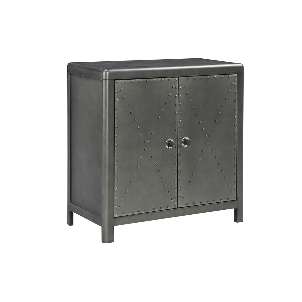Benzara 2 Door Wooden Accent Cabinet with Cross Nailhead Patterns, Gray BM207015 Gray Wood, MDF and Metal BM207015