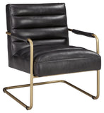 Benzara Metal and Faux Leather Accent Chair with Cantilever Style Base, Gold and Black BM207169 Gold and Black Metal and Faux Leather BM207169