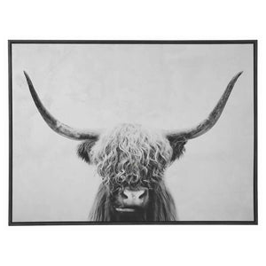 Benzara Wood and Canvas Highland Cow Wall Art, Black and White BM207178 Black and White Wood and Canvas BM207178