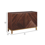 Benzara Wooden Accent Cabinet with 2 Geometric Inlay Patterned Doors, Brown and Gold BM207194 Brown and Gold Wood and Metal BM207194