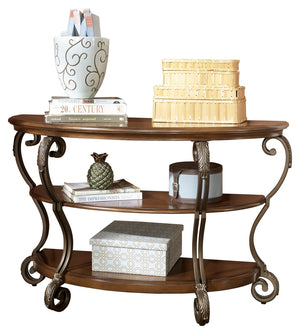 Benzara Wood and Metal Sofa Table with Acanthus Leaf Carvings, Brown and Bronze BM207226 Brown and Bronze Wood and Metal BM207226