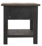 Benzara Wooden End Table with One Drawer and One Shelf, Brown and Black BM207238 Brown and Black Wood BM207238