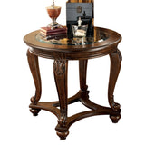 Benzara Wooden Round End Table with Cabriole Legs and Glass Top, Brown BM207239 Brown Wood and Glass BM207239