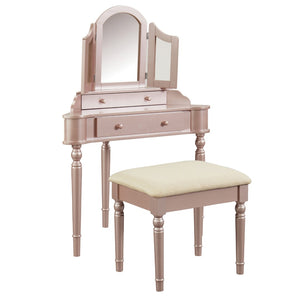 Benzara Transitional Style Wooden Vanity Set with Padded Stool, Rose Gold BM207322 Rose Gold Wood and Veneer BM207322