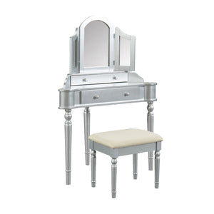 Benzara Transitional Style Wooden Vanity Set with Padded Stool, Silver BM207323 Silver Wood and Veneer BM207323