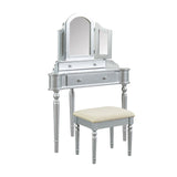 Transitional Style Wooden Vanity Set with Padded Stool, Silver