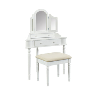 Benzara Transitional Style Wooden Vanity Set with Padded Stool, White BM207324 White Wood and Veneer BM207324