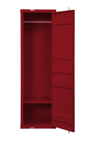 Benzara Single Door Wardrobe with Double Storage Compartment and Cremone Bolt, Red BM207431 Red Metal BM207431