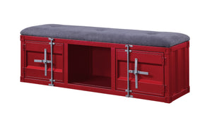 Benzara 2 Metal Door Storage Bench with Open Compartment and Fabric Upholstery, Red BM207432 Red and Gray Metal and Fabric BM207432