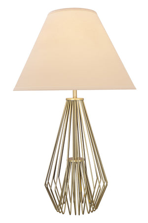 Benzara Caged Pattern Metal Table Lamp with Flared Empire Shade, Beige and Golden BM207456 Gray Metal and fabric BM207456