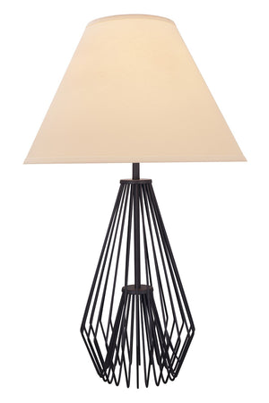 Benzara Modern Flared Empire Shade Table Lamp with Caged Pattern, Black and Beige BM207457 Gray Metal and fabric BM207457