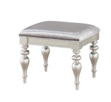 Fabric Upholstered Wooden Vanity Stool with Bubble Turned Legs, Silver