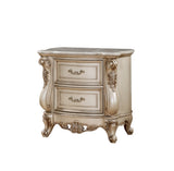 Benzara 2 Drawer Nightstand With Raised Scrolled Floral Moulding, White BM207490 White Wood, Marble,Metal and Veneer BM207490