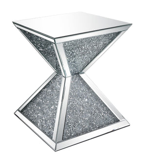 Benzara Sparkling End Table with Faux Diamonds Inlay , Silver and Clear BM207518 Silver and Clear Wood BM207518