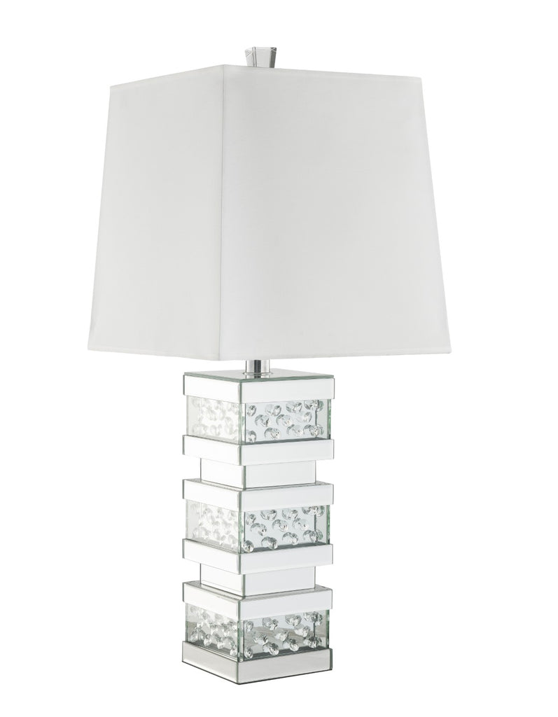 Benzara Contemporary Square Table Lamp with Pedestal Mirrored Base, White and Clear BM207534 White,Silver& Clear Glass, Metal and MDF BM207534