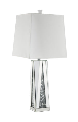 Benzara Contemporary Square Table Lamp with Faux Diamond Inlays, White and Clear BM207535 White,Silver& Clear Glass, Metal and MDF BM207535