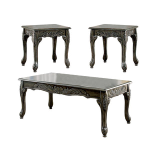 Benzara 3 Piece Table Set with Cabriole Legs and Wooden Floral Motifs, Gray BM207976 Gray Solid Wood and Veneer BM207976