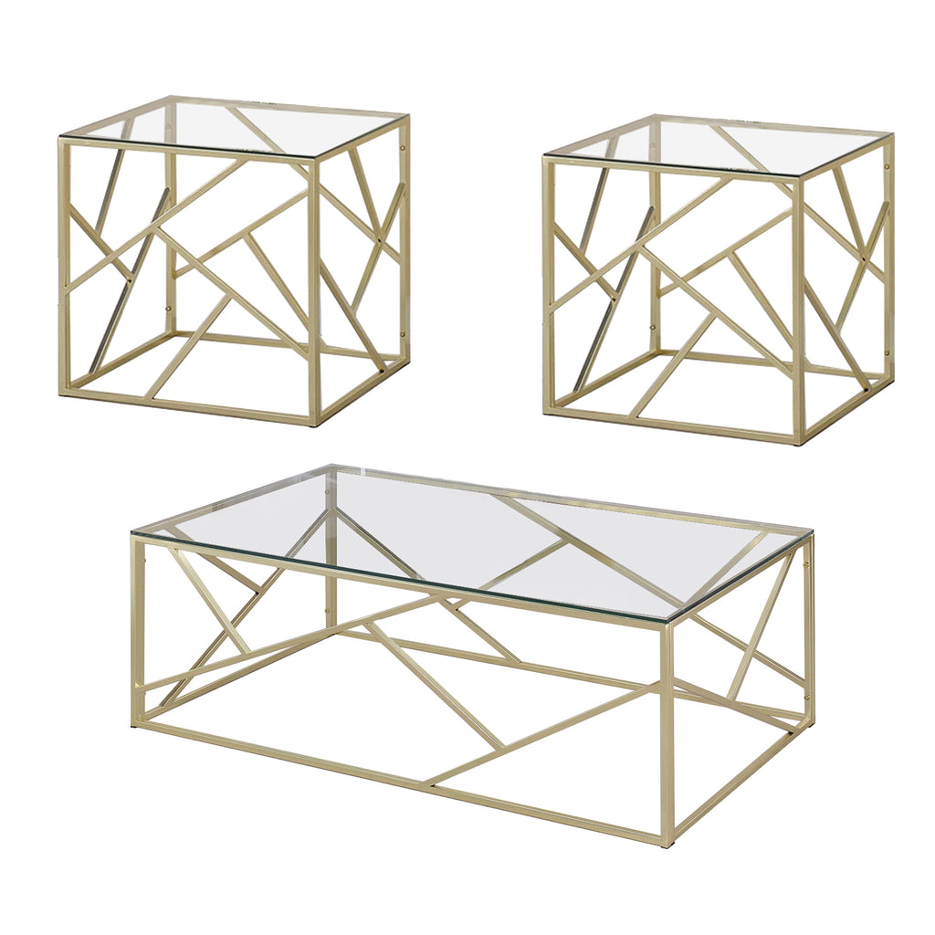Benzara Industrial 3 Piece Table Set with Open Geometric Base, Clear and Gold BM207983 Gold Metal and Glass BM207983