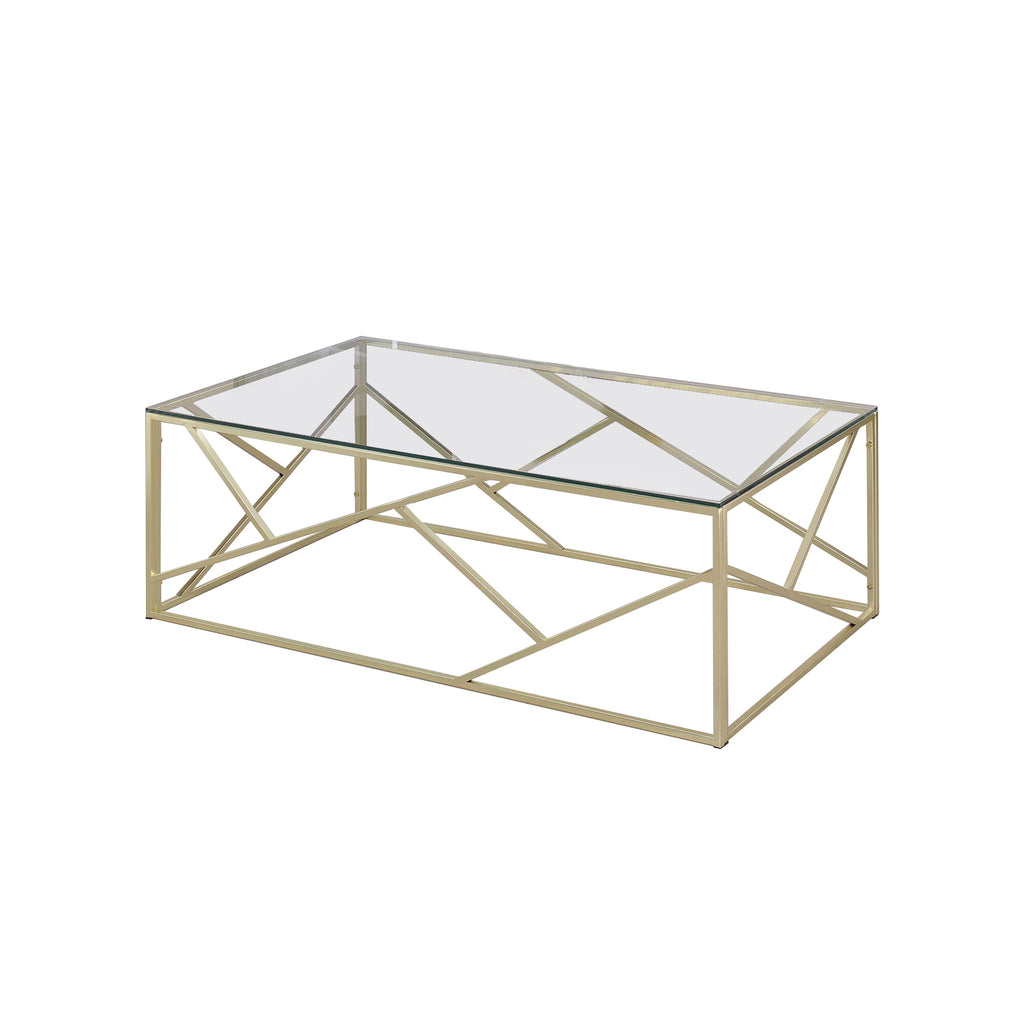 Benzara Industrial 3 Piece Table Set with Open Geometric Base, Clear and Gold BM207983 Gold Metal and Glass BM207983