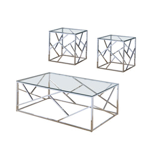 Benzara Industrial 3 Piece Table Set with Open Geometric Base, Clear and Silver BM207984 Silver and Clear Metal and Glass BM207984