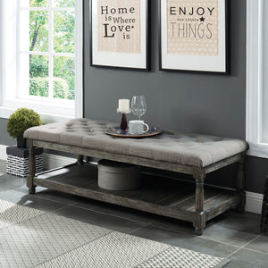 Benzara Fabric Upholstered Bench with Button Tufted Seat and Bottom shelf, Gray BM208034 Gray Solid Wood and Fabric BM208034