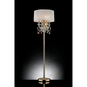 Benzara Chandelier Floor Lamp with Hanging Crystals and Floral Pattern Shade, Gold BM208049 Gold Metal, Crystals and Fabric BM208049