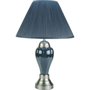 Benzara Ceramic Pedestal Base Table Lamp with Pleated Empire Shade, Blue and silver BM208059 Blue and Silver Ceramic, Metal and Fabric BM208059