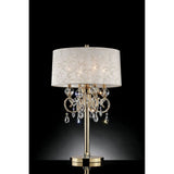 Benzara Chandelier Table Lamp with Hanging Crystals and Floral Pattern Shade, Gold BM208064 Gold Metal, Crystals and Fabric BM208064